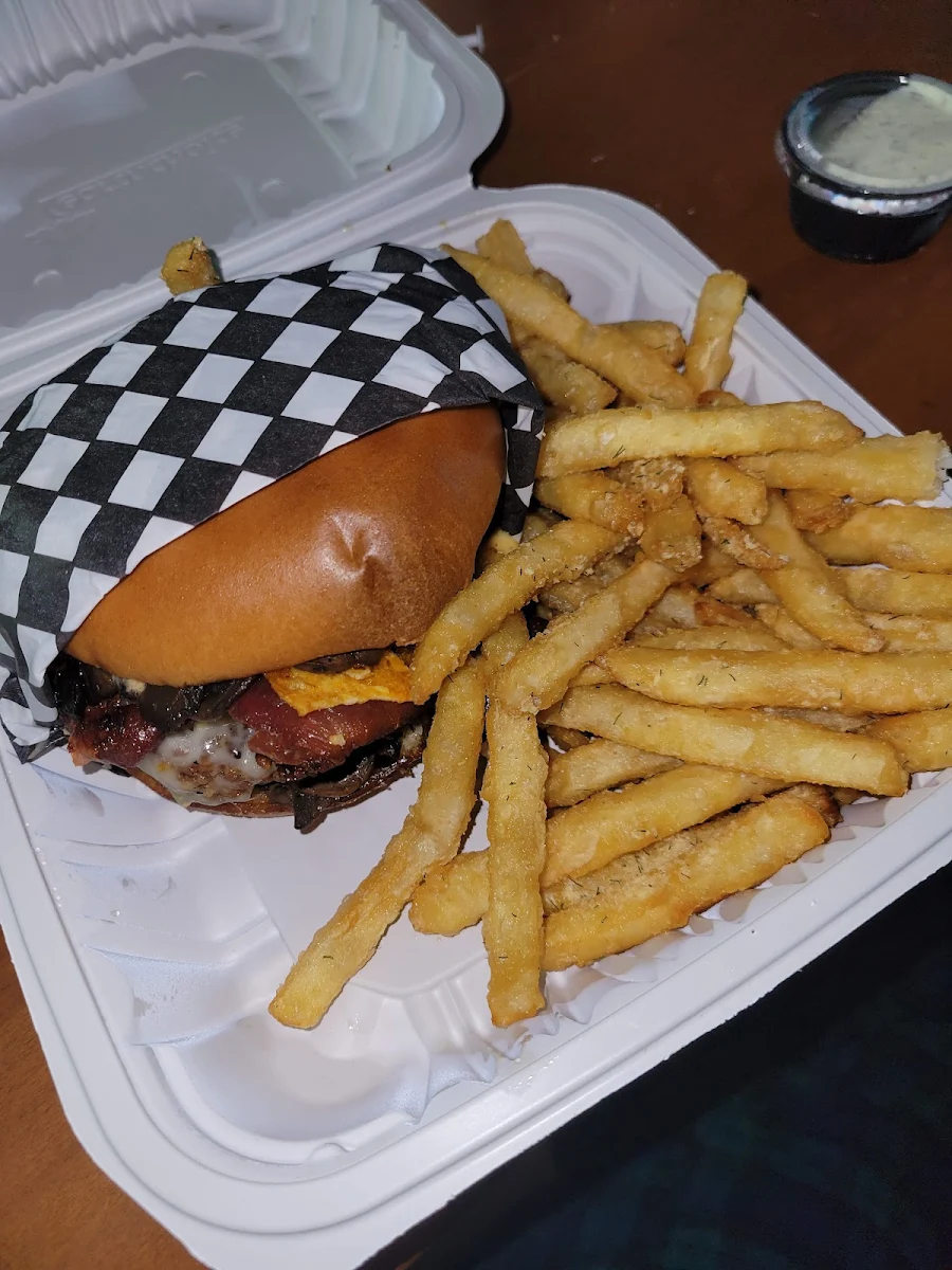 Bacon Mushroom Swiss Burger with Dill Fries