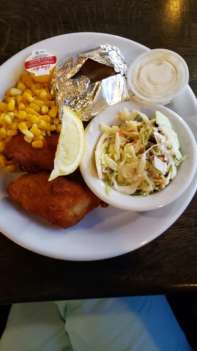 Pickerel with Coleslaw Baked Potato and Corn
