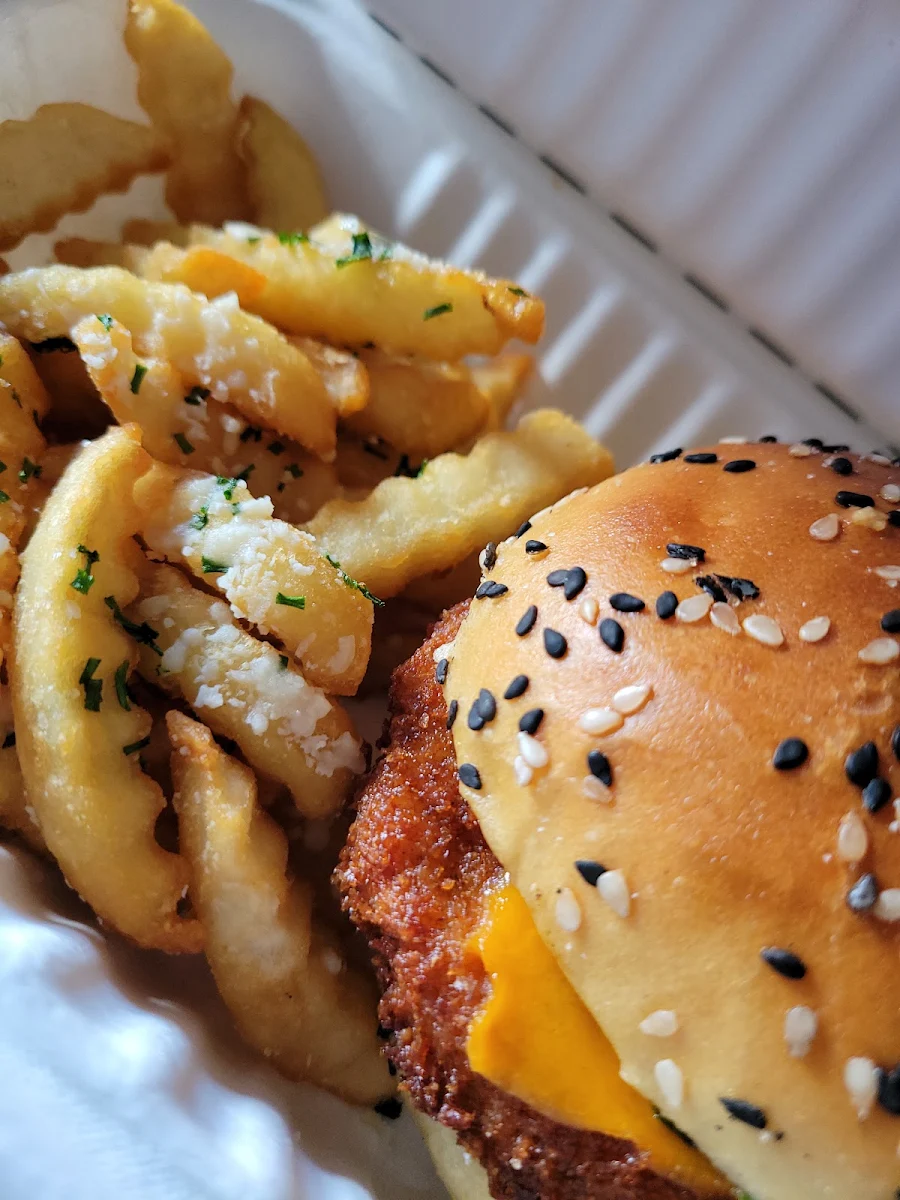 Chicken Burger and Truffle Parmesan Fries