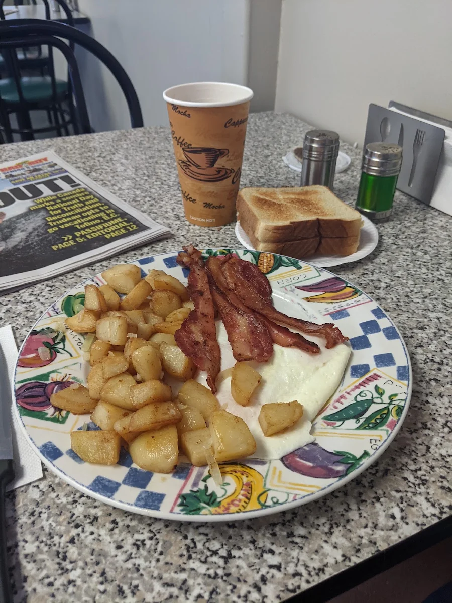 Bacon Eggs Home Fries Cup of Tea
