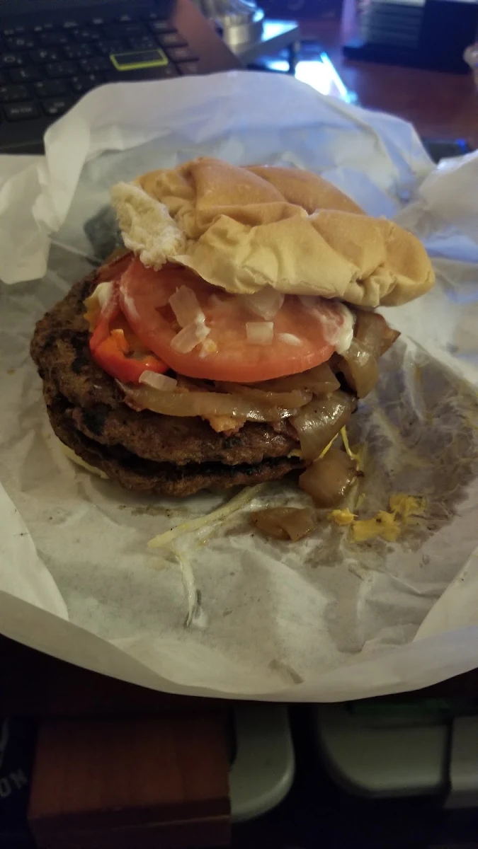 Double Burger with Bacon Fried Onions Tomotoe Raw Onion and Mayo