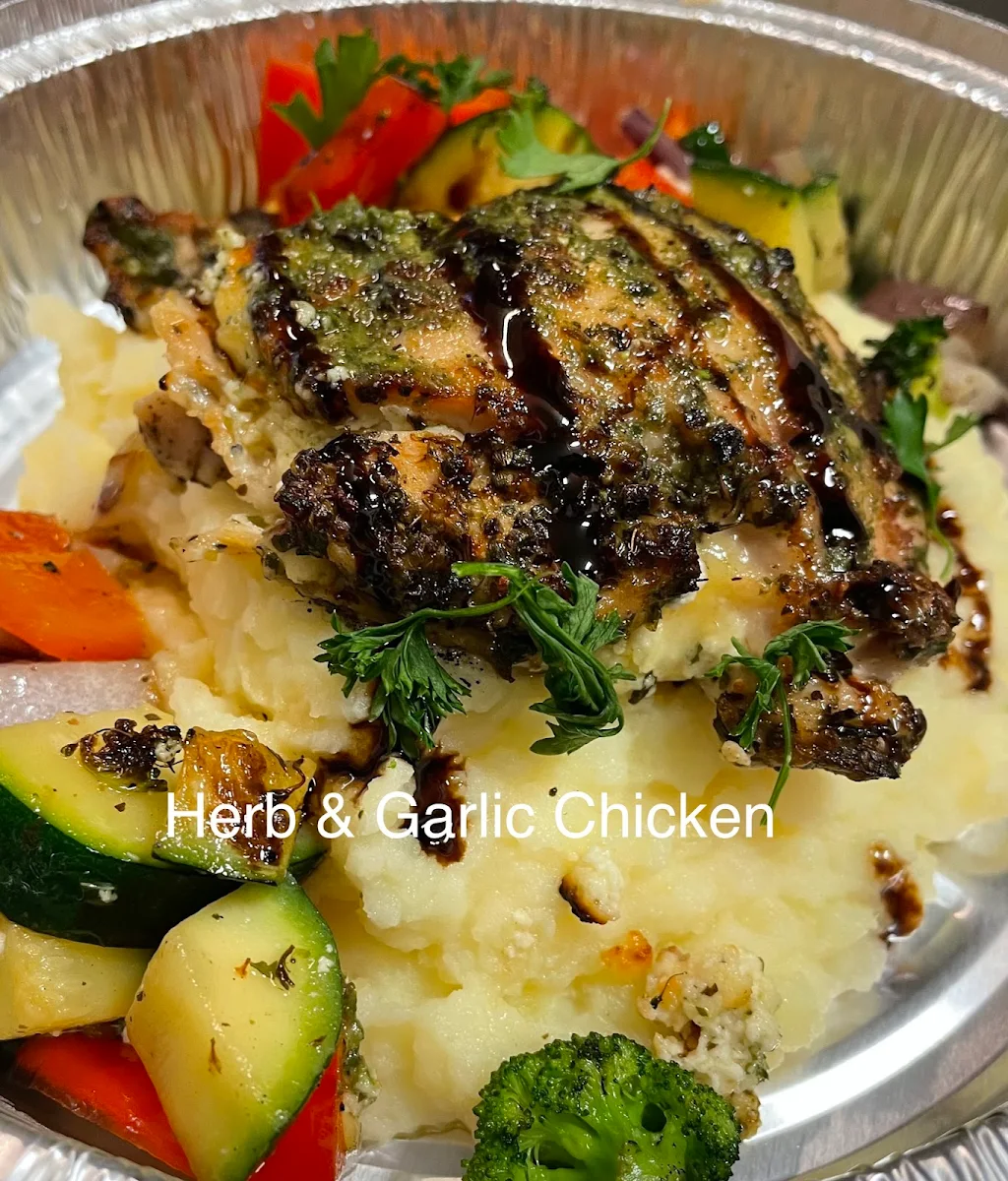 Baked Balsamic and Herb Chicken with Mozzarella on Yukon Gold Mashed with Mediterranean