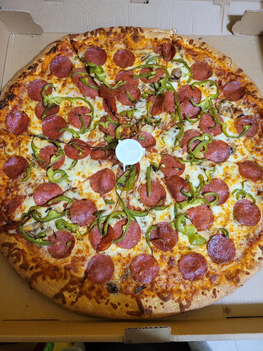 Pepperoni Mushroom and Green Pepper Pizza