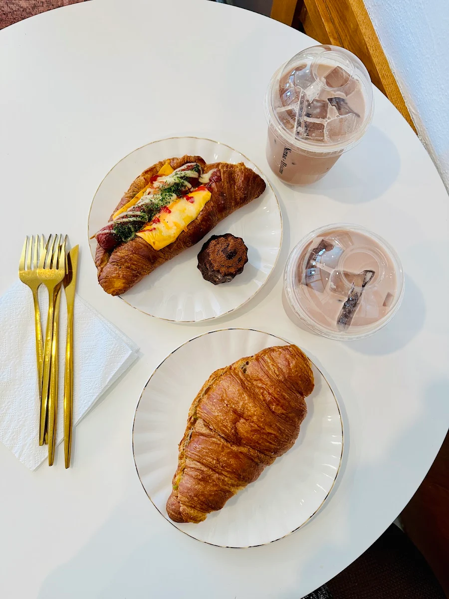 Sausage Croissant Tomato and Basil Croissant and Iced Chocolate and Hot Chocolate
