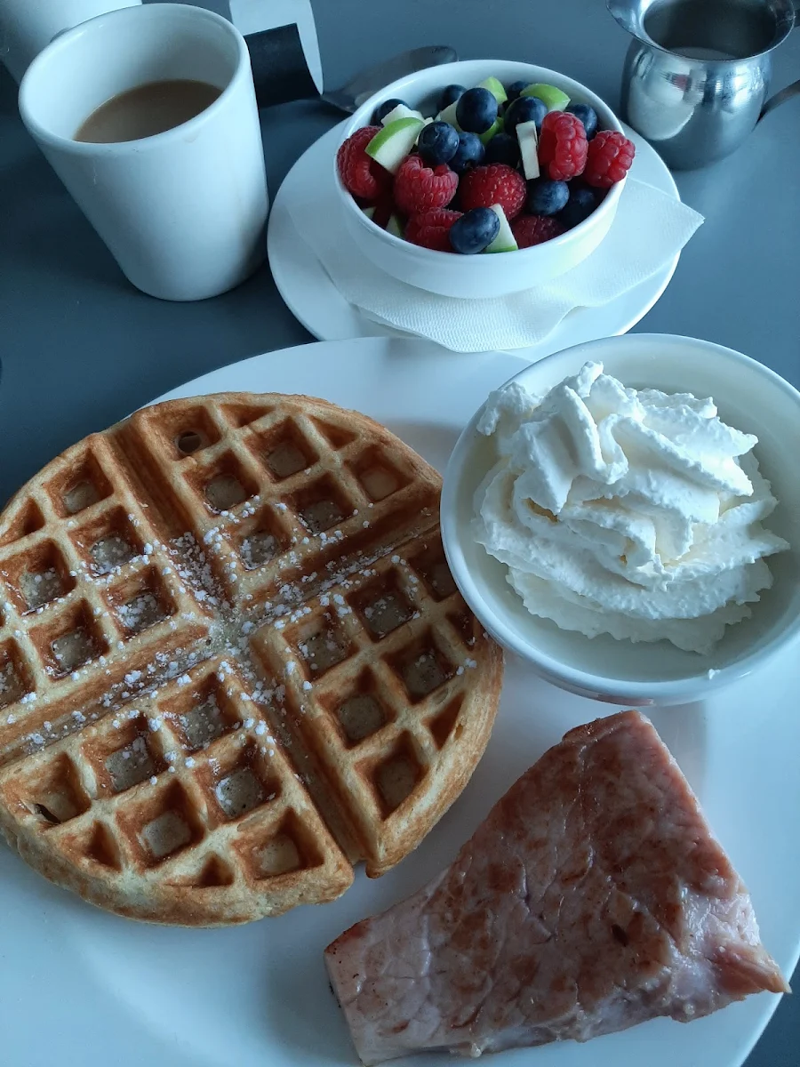 Cornmeal Waffle Ham Steak and Fruit Salad