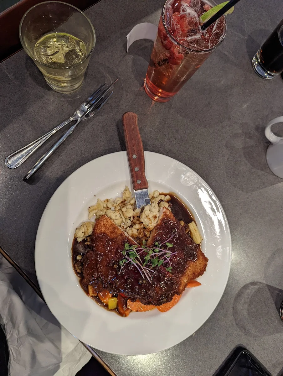Schnitzel with Pepper Sauce Vegetables and Spaetzle