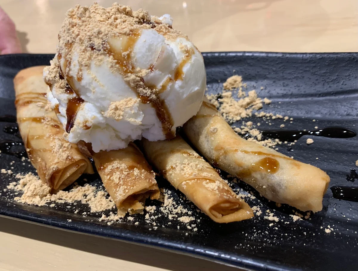 Kuromitsu Kinako Ice Cream with Fried Banana Spring Rolls