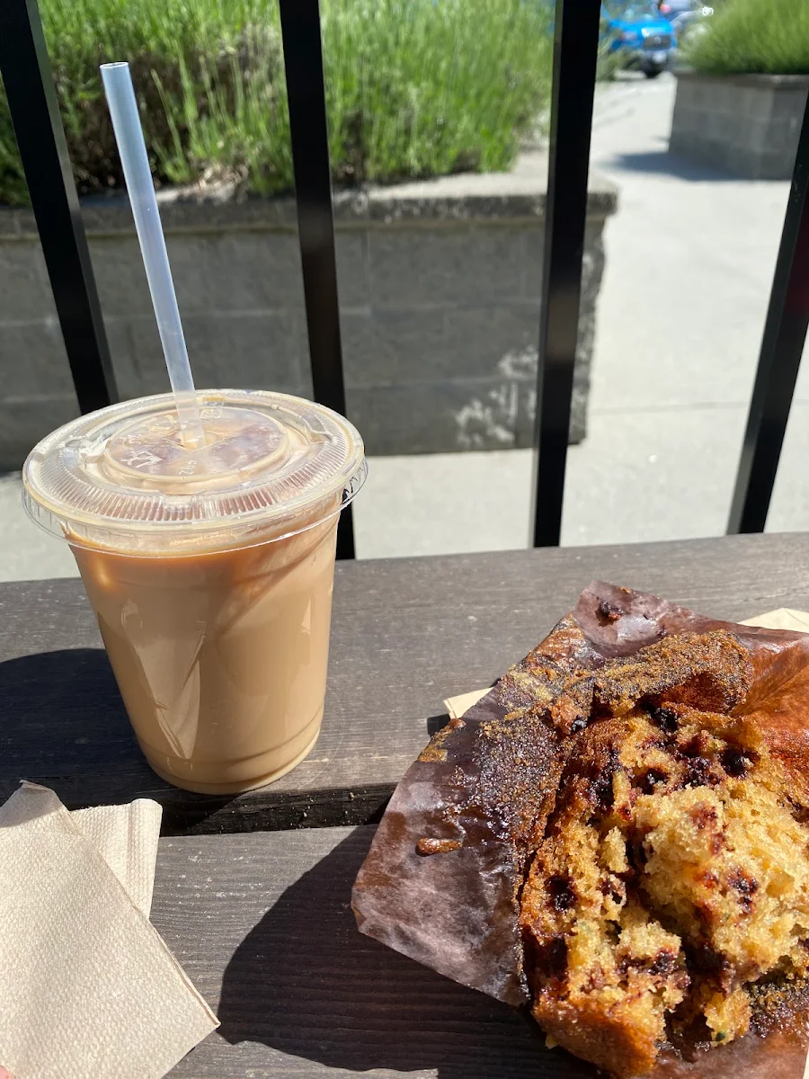 Iced Vanilla Latte and Zucchini Chocolate Chip Muffin