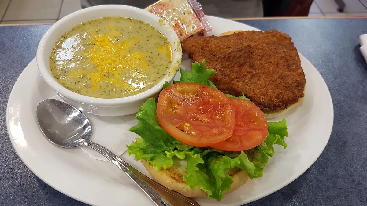 Spicy Chicken Sandwich and Broccoli Soup