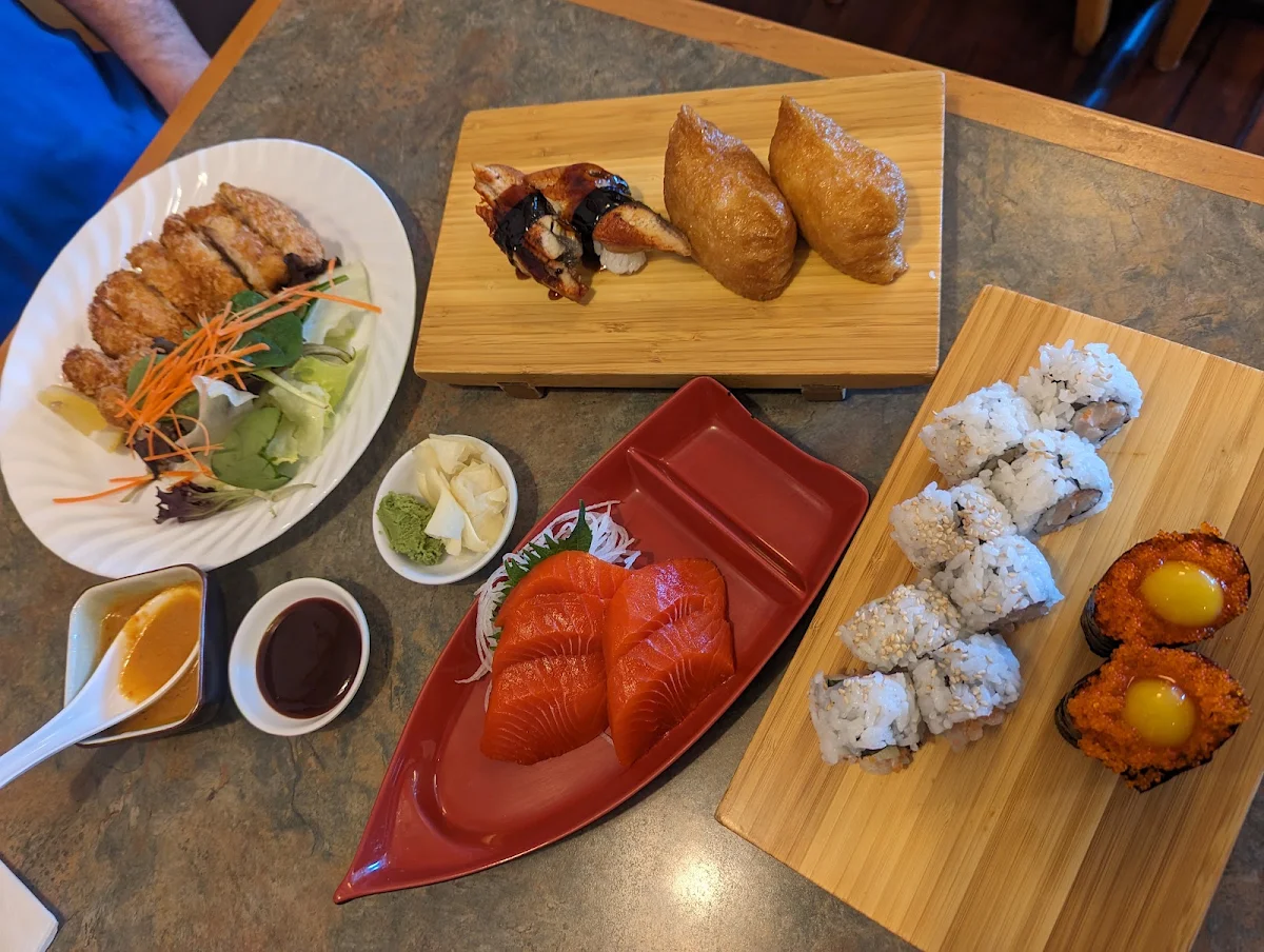 Chicken Katsu Chopped Scallop Roll Salmon Sashimi Tobiko with Quail Egg Unagi Inari