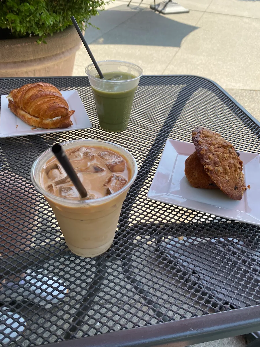 Iced Vanilla Latte Matcha Latte Ham & Cheese Croissant and Zucchini Choc Chip Muffin