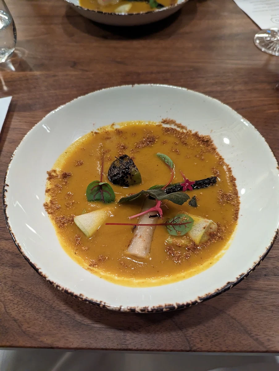 Sunchoke Soup with Persimmon Puree and Sunchoke and Persimmon Chips
