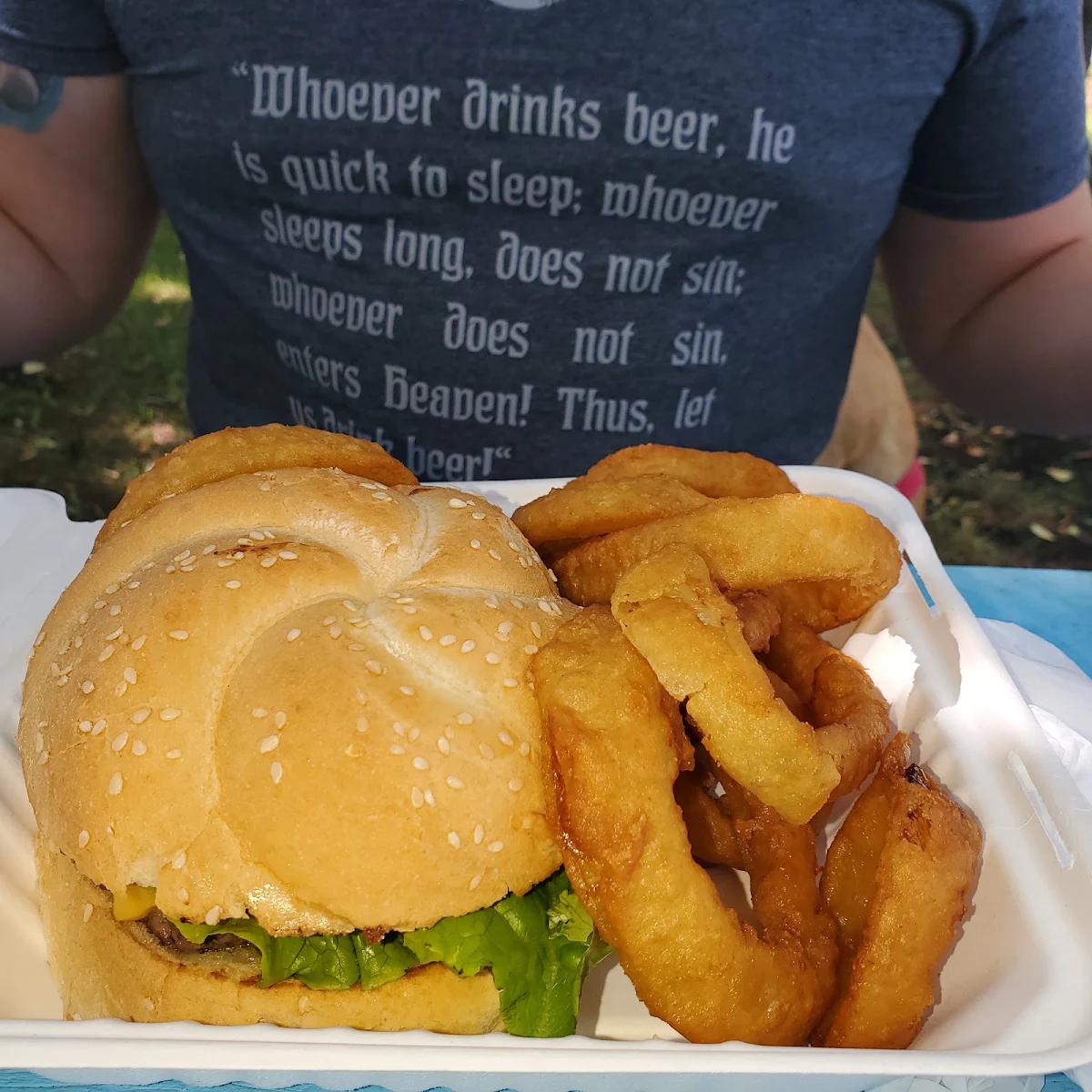 Loaded Burger and Onion Rings