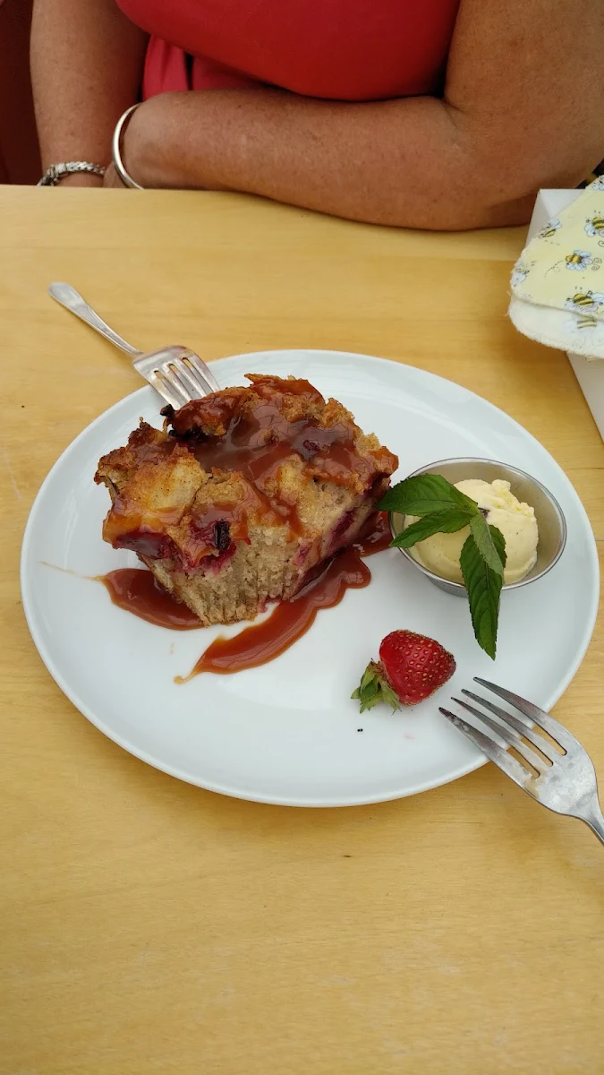 Partridge Berry Bread Pudding with Carmel Sauce and Ice Cream