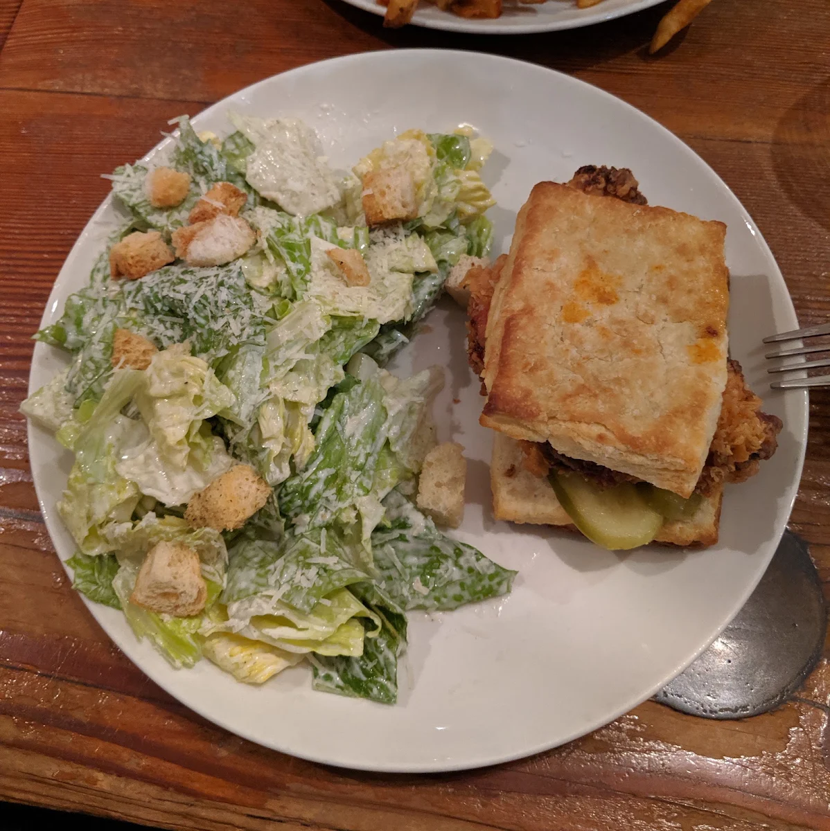 Fried Chicken Sandwich and Caesar Salad