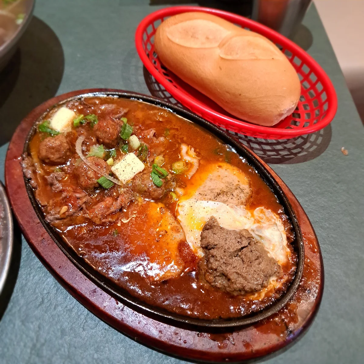 Sizzling Beef Egg and Meatball with Baguette