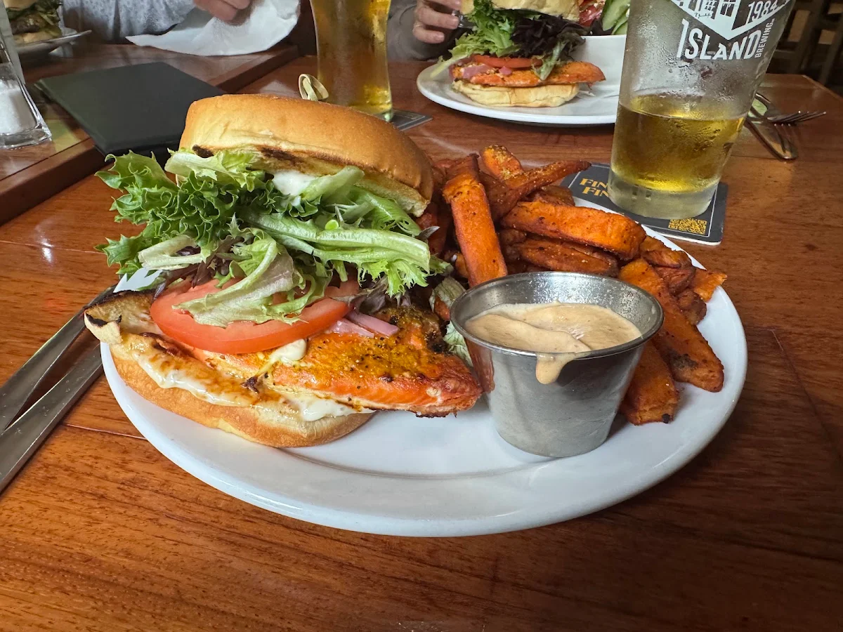 Grilled Salmon Burger with Sweet Potato Fries