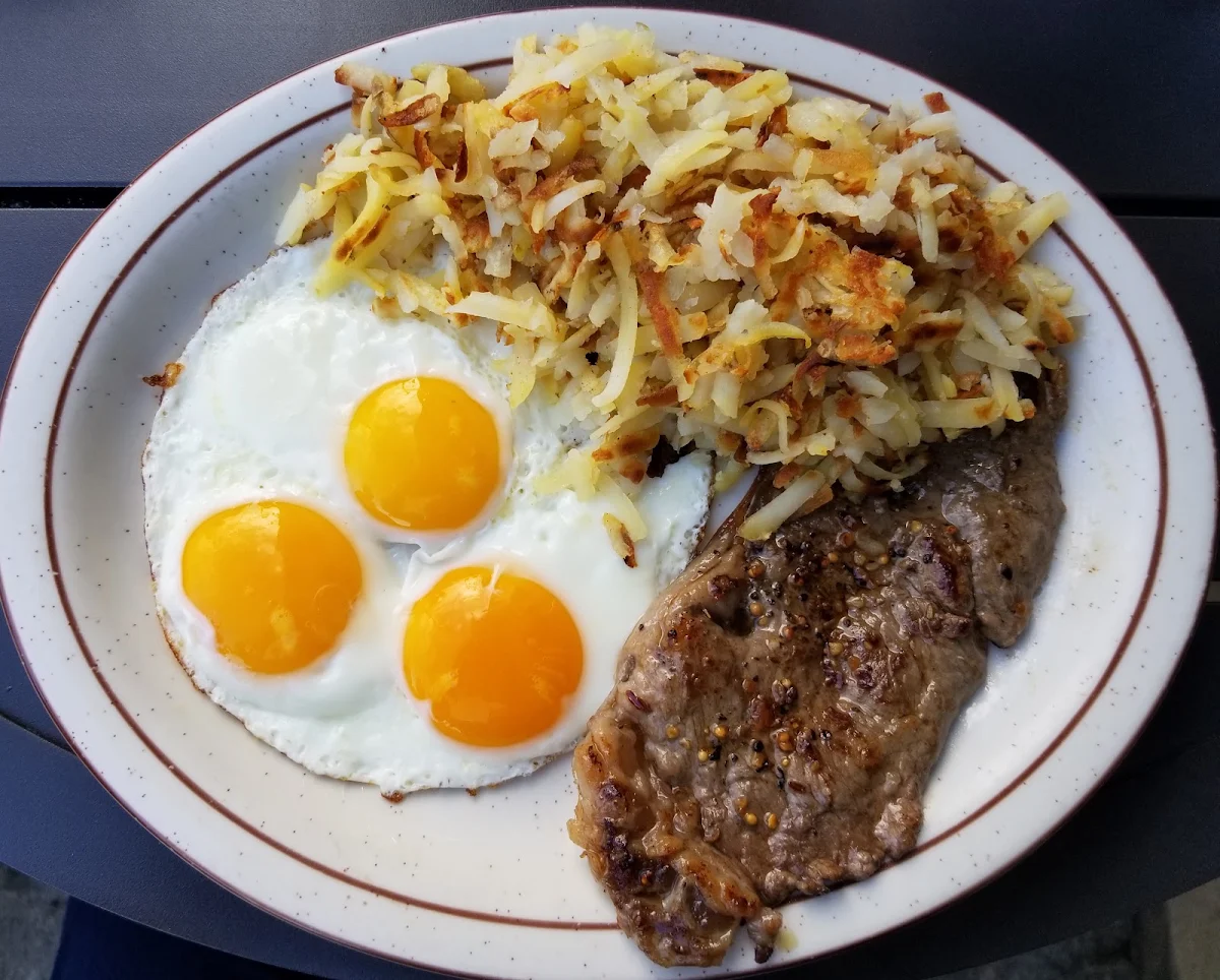 New York Steak with Fresh Hash Browns and Eggs