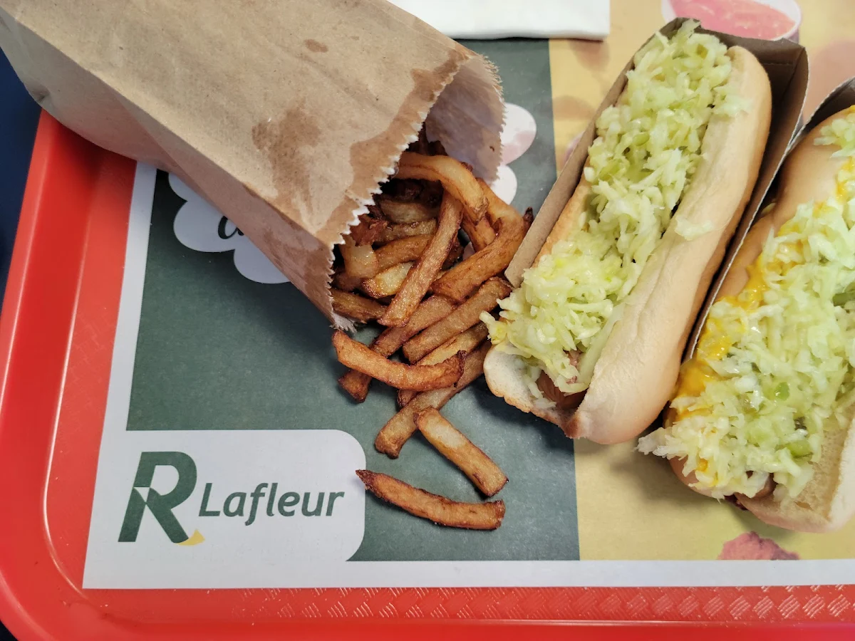 Two All Dressed Steamed Hot Dogs and Fried