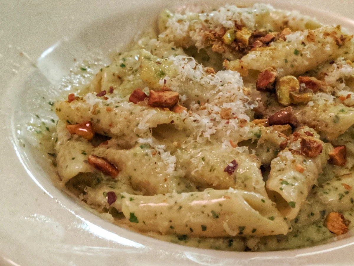 Penne Rigate Basil Pesto Cream Sauce Pistachio and Pecorino