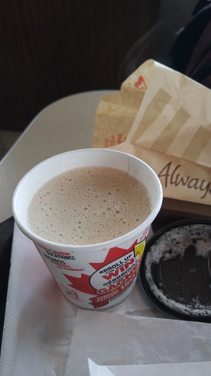 Half French Vanilla Latte and Half White Hot Chocolate Milk