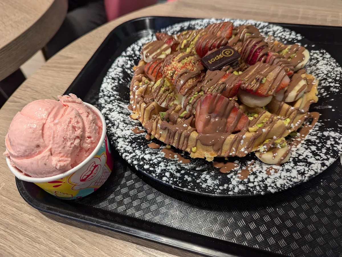 Waffle with Strawberries Pistachios & Milk Chocolate and Strawberry Ice Cream