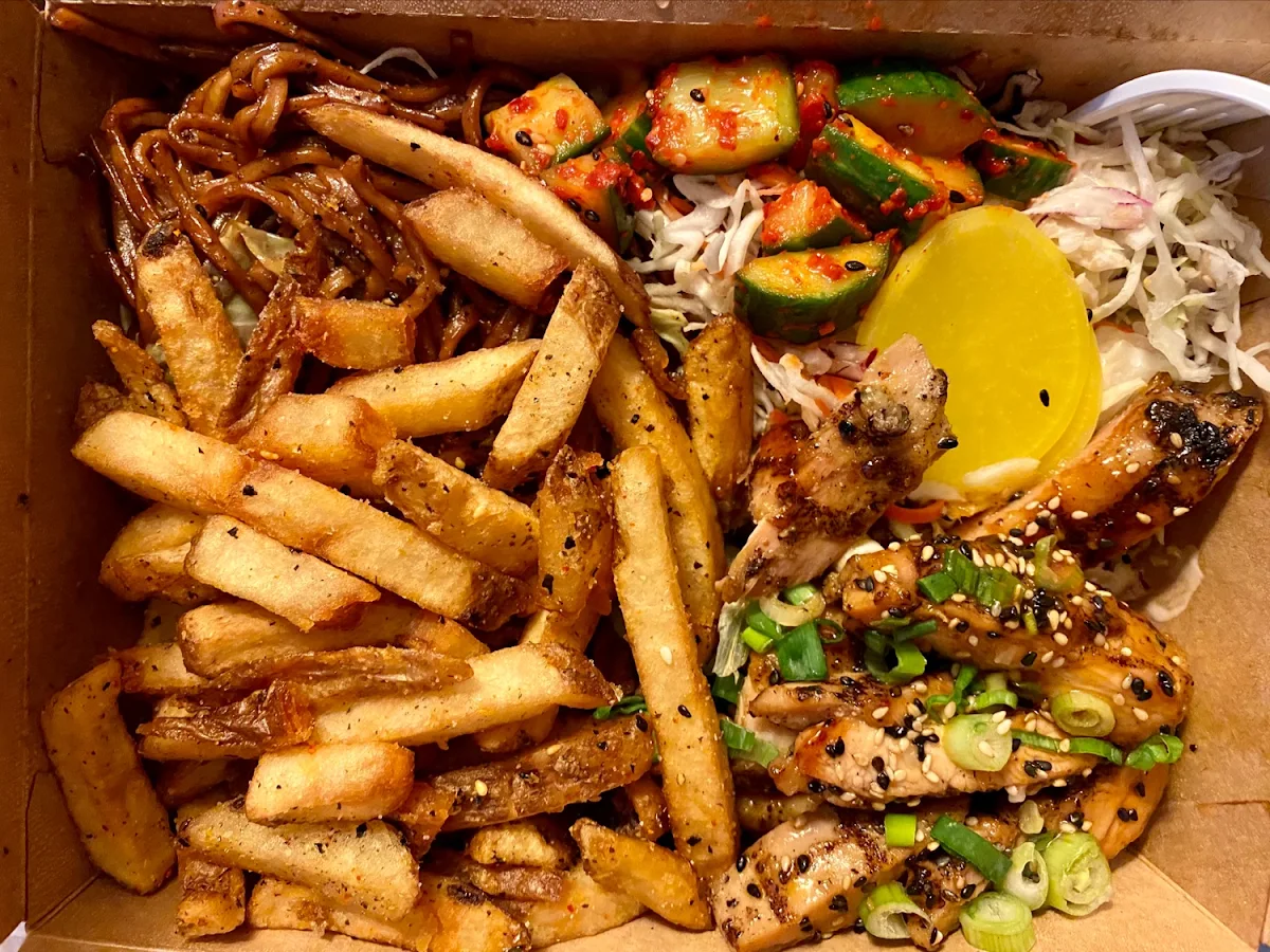 BBQ Chicken with Furikake Fries & Yakisoba Noodles