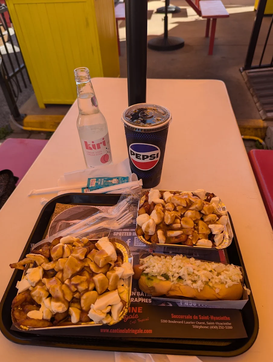 Poutine Régulière with Steamed Hotdog and Pepsi