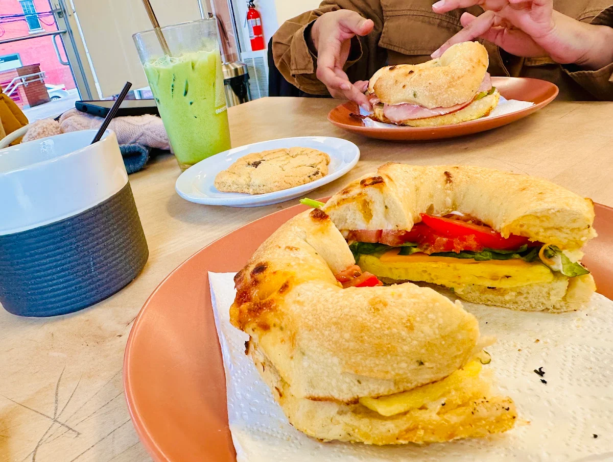 Vegan Breakfast Sandwich Chocolate Chip Cookie Ginger Turmeric Tea and Iced Matcha Latte