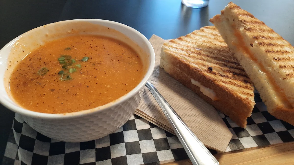 Roasted Red Pepper Soup with a Grill Cheese