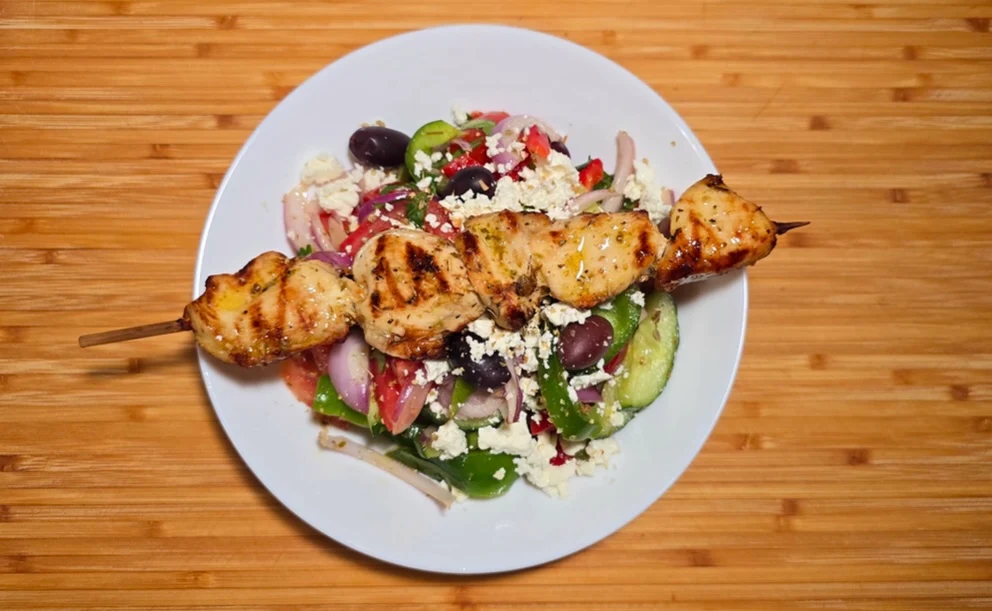Greek Salad with Chicken Skewers
