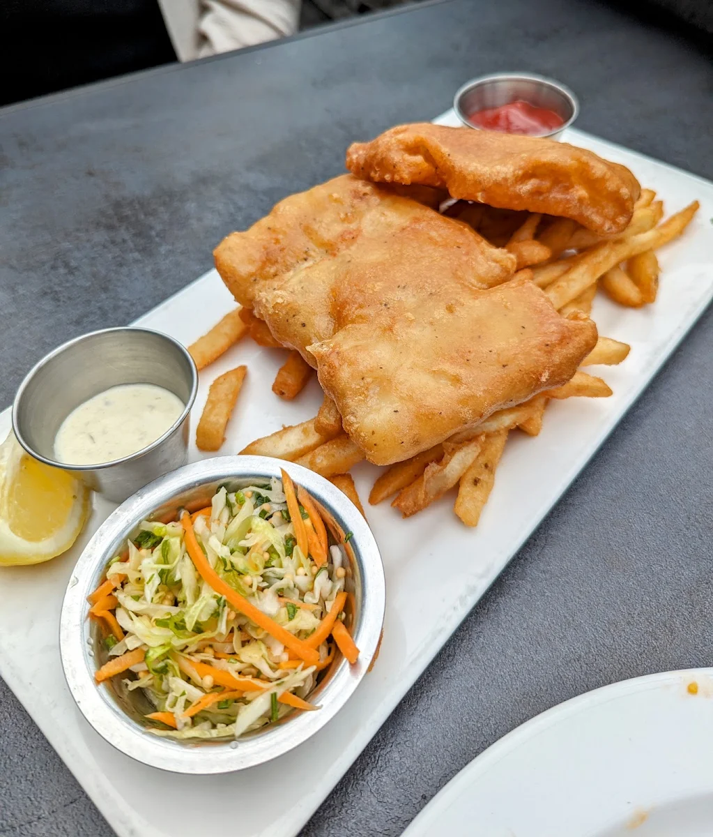 Fish and Chips with Home Fries and Coleslaw
