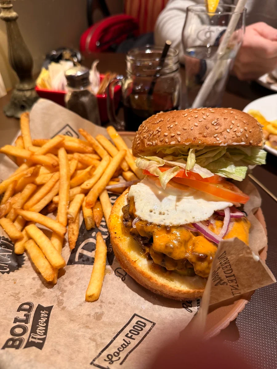 King Burger and Fries with Cheese Omelette