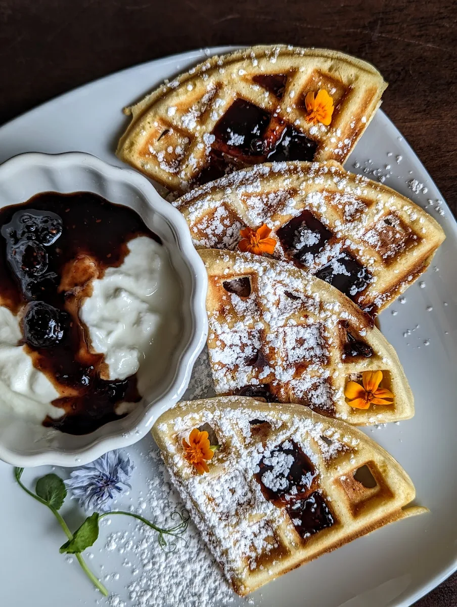 Rose Waffles with Berry Sauce and Greek Yogurt