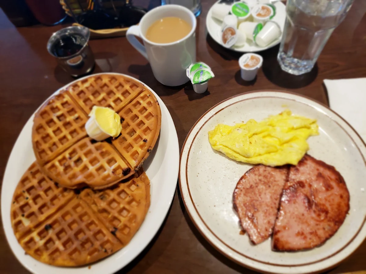 Double Raspberry Waffle with Ham and Scrambled Eggs
