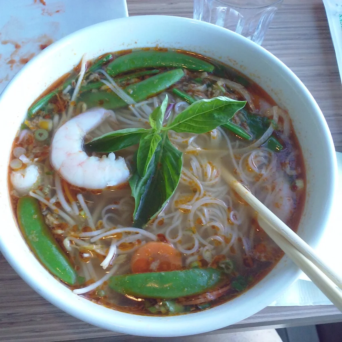 Spicy Beef Broth Noodle Soup with Prawns and Snap Peas