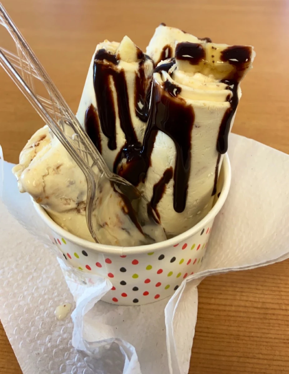 Peanut Butter Nutella Ice Cream with Banana and Chocolate Drizzle