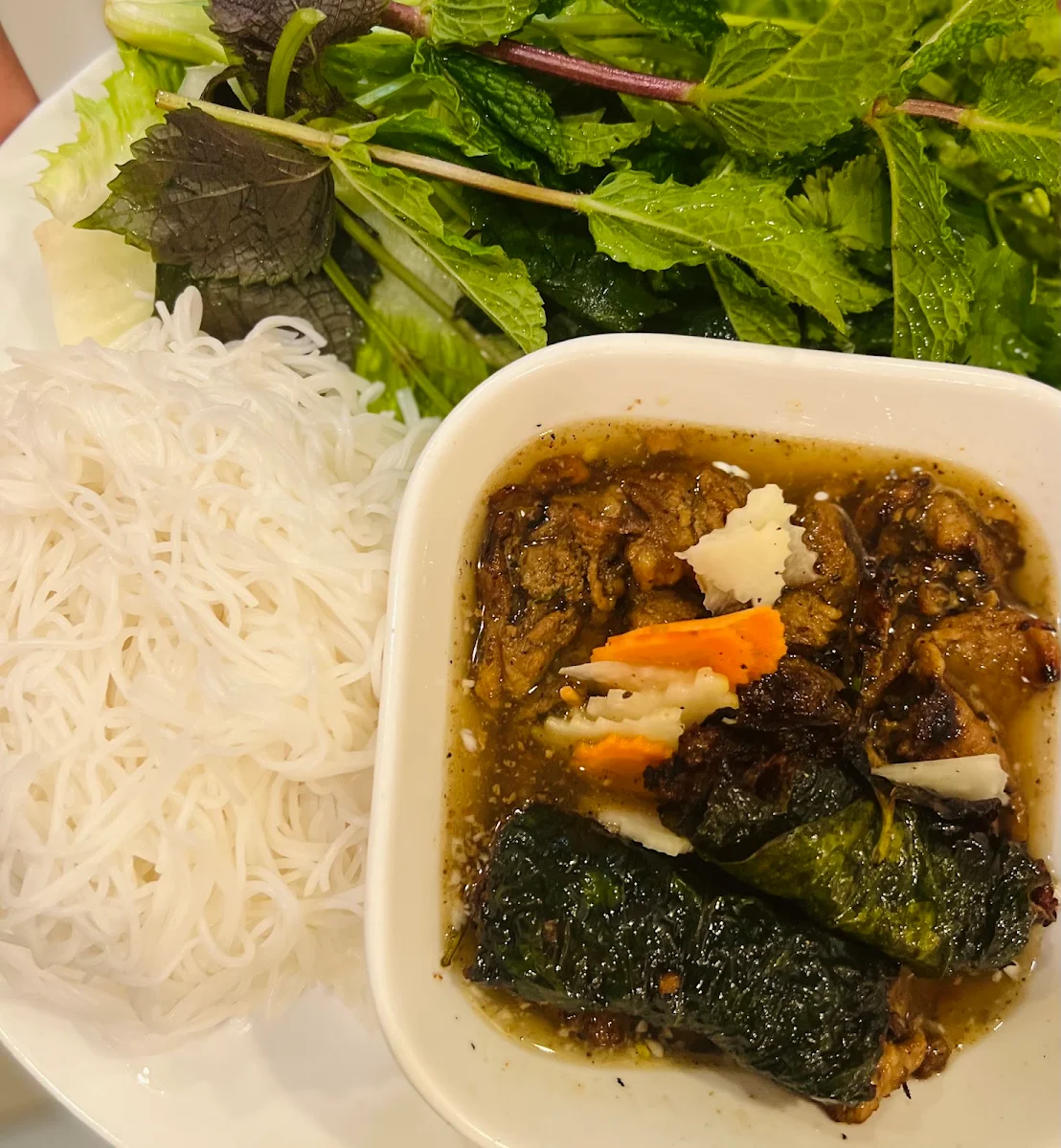 Bún Thịt Nướng Lá Lốt Grilled Pork and Pork Nugget in Betel Leaf