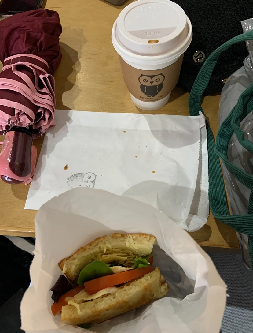 Cappuccino with Oat Milk and Vanilla Syrup Pesto Chicken Sandwich