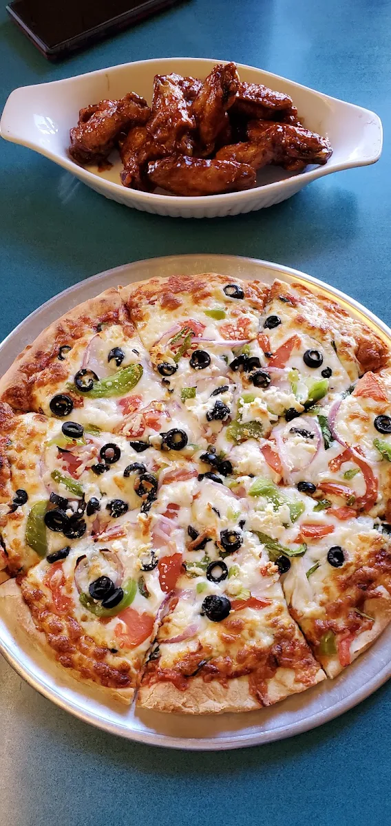 Greek Pizza and BBQ Wings