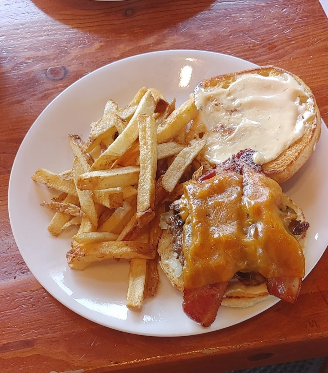 Mushroom Bacon Cheddar Burger and Fries