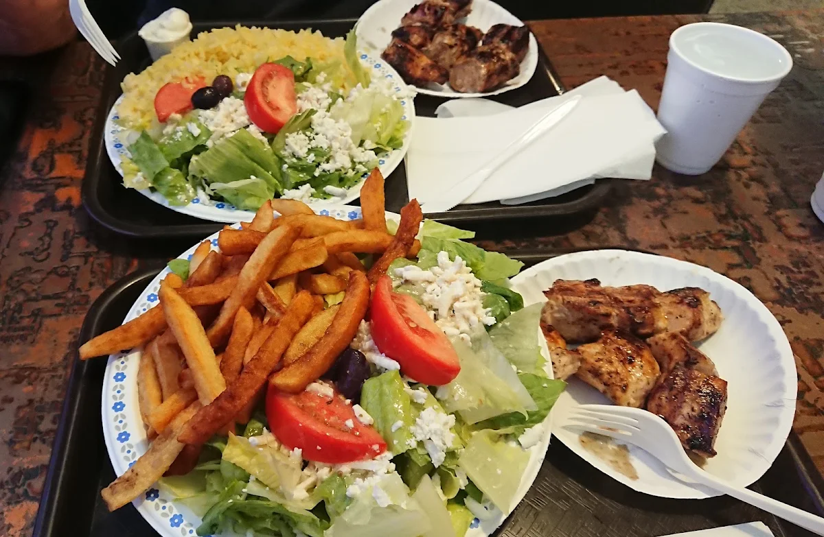 Chicken Souvlaki Dinner with Salad and Fries
