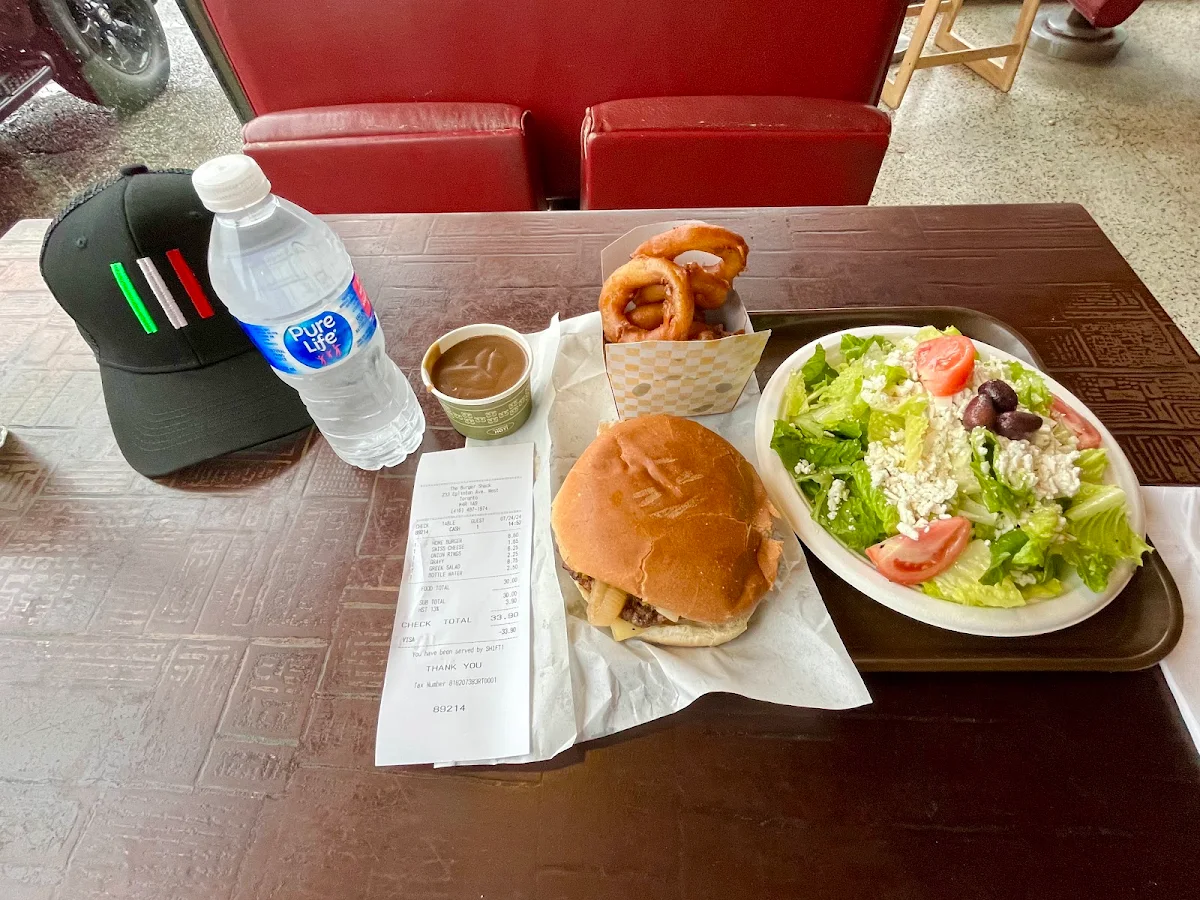 Home Style Burger Onion Rings Greek Salad