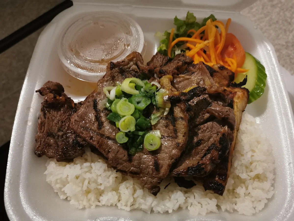 Grilled Pork Chop with Grilled Beef on Steamed Rice