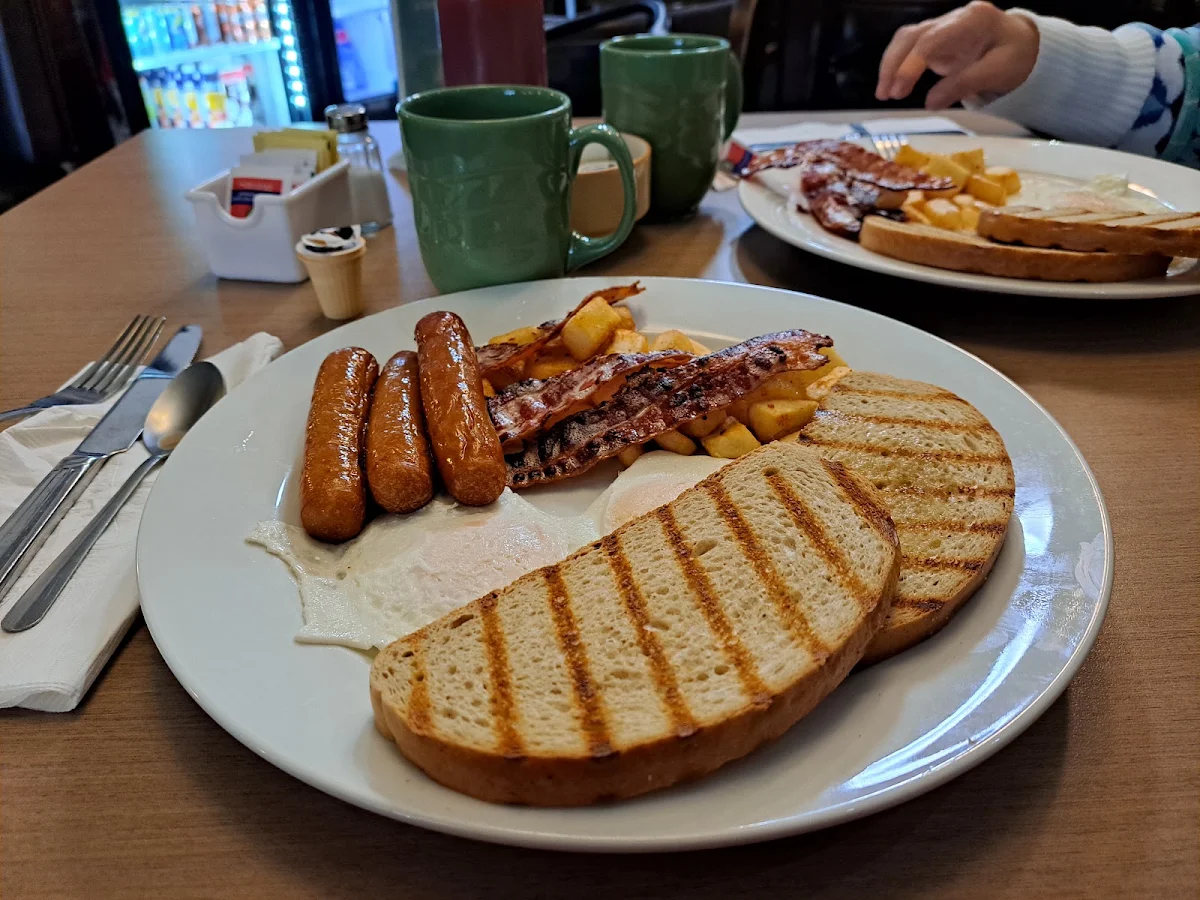 Breakfast Sausage Bacon and Eggs with Rye Toast