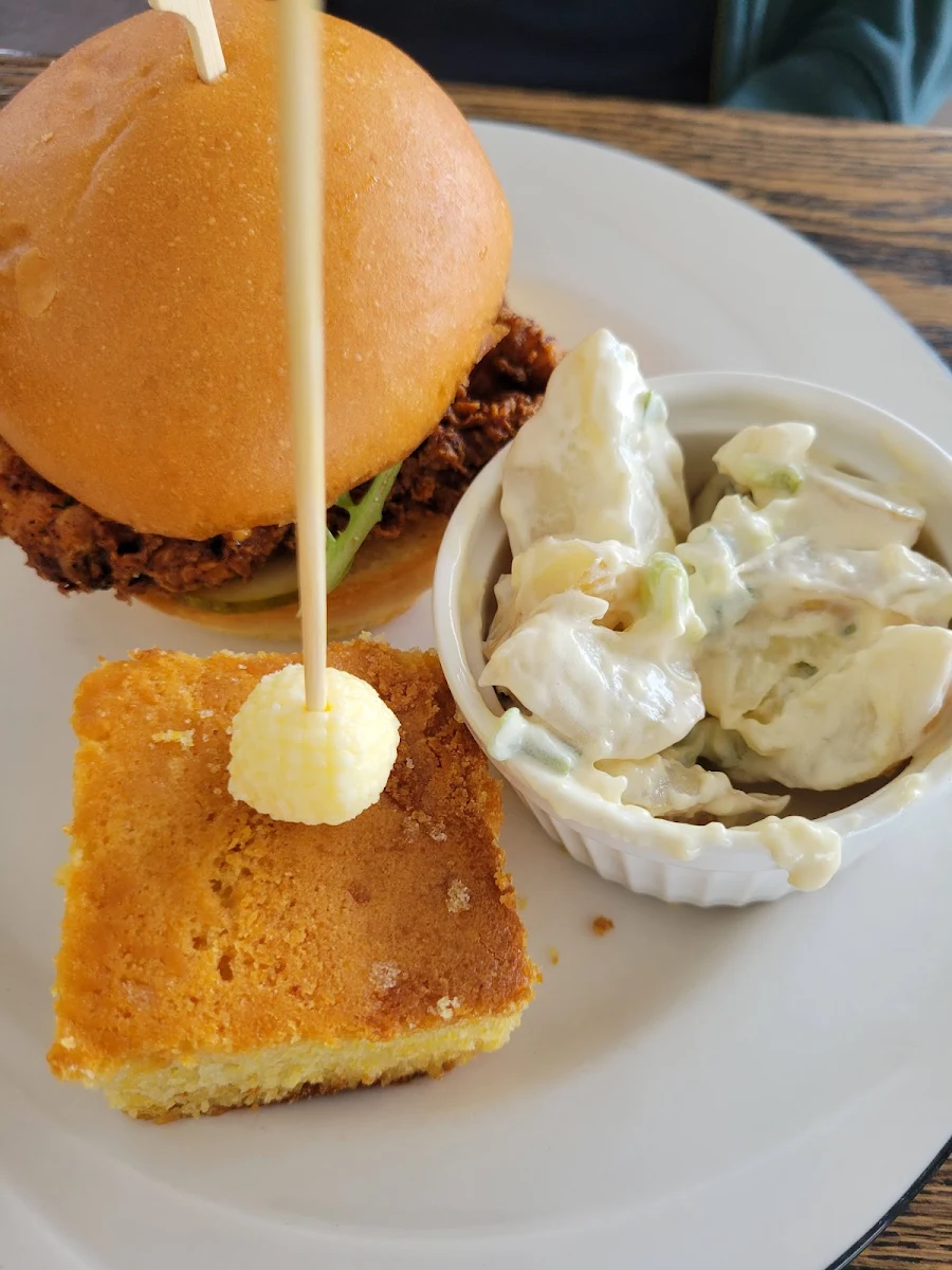 Chicken Sandwich with Cornbread Potato Salad Corn on the Cob