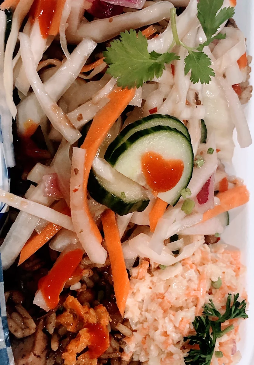Pickles with Cole Slaw on Chinese Fried Rice and Beans