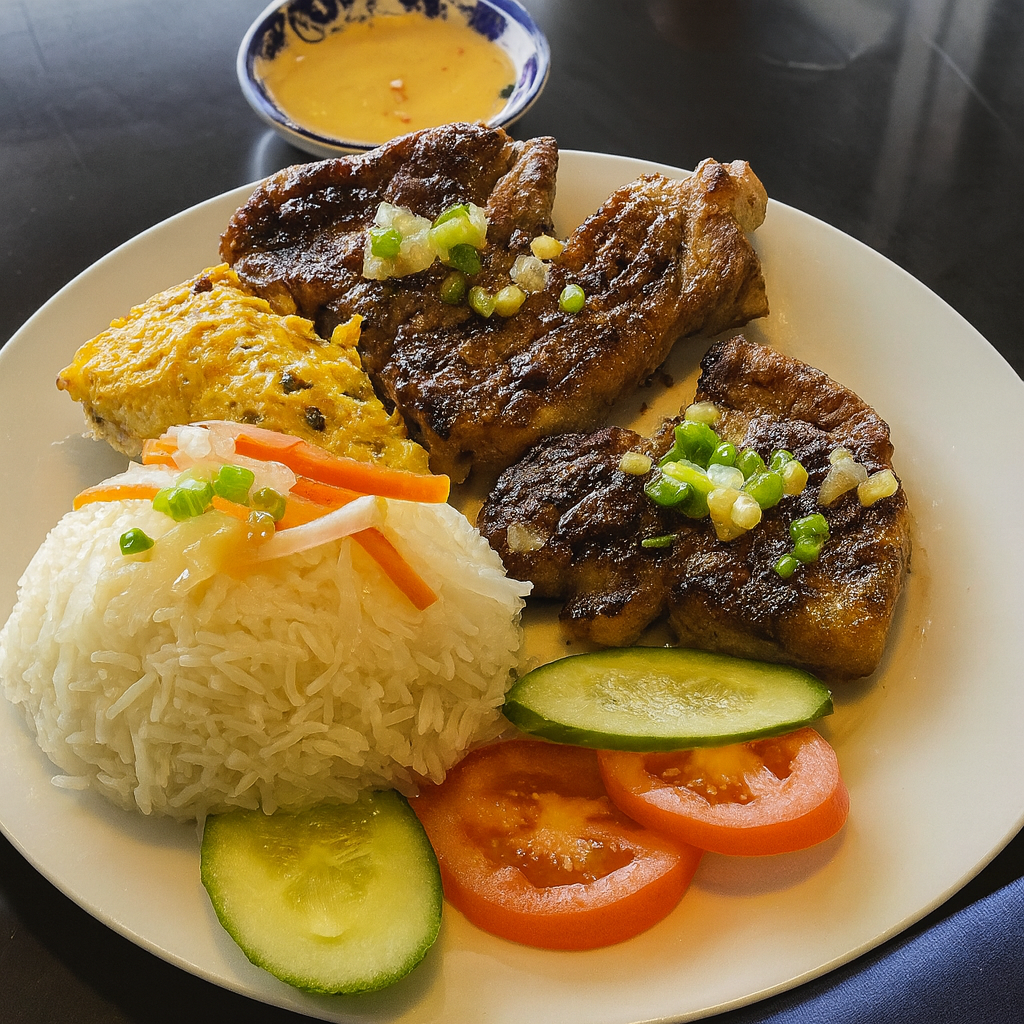 Broken Rice with Pork Chop & Egg Meatloaf Com Tam Suon Cha Trung