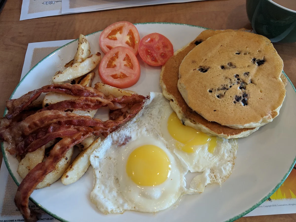 Eggs 2 Blueberry Pancakes and Bacon