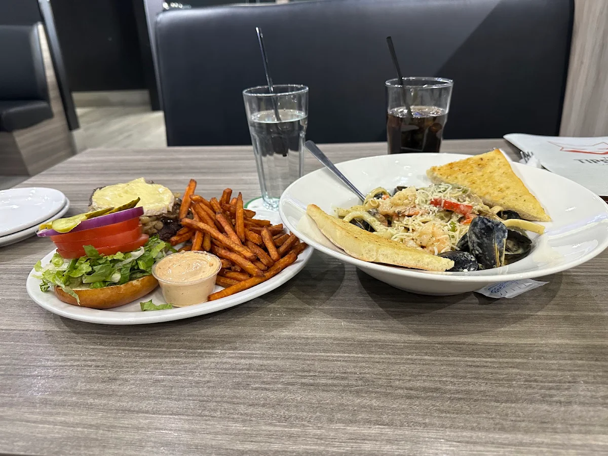Brie Burger and Seafood Fettuccine